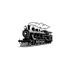 A classic steam locomotive chugging forward with billowing smoke from the stack, detailed wheels and passenger cars, perfect for railroad heritage brands, toy train logos, adventure travel merch