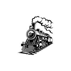 A classic steam locomotive chugging forward with billowing smoke from the stack, detailed wheels and passenger cars, perfect for railroad heritage brands, toy train logos, adventure travel merch