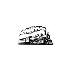 A classic steam locomotive chugging forward with billowing smoke from the stack, detailed wheels and passenger cars, perfect for railroad heritage brands, toy train logos, adventure travel merch