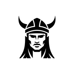 A fierce Viking warrior with prominent curved bull horns on his helmet, intense facial features, long flowing hair and beard, perfect for Norse mythology brands, heavy metal bands, adventure gear