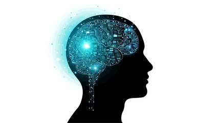 Obraz premium Artificial intelligence and machine learning concept. Human brain with digital circuit lines and data nodes vector illustration.