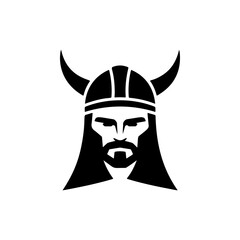 A fierce Viking warrior with prominent curved bull horns on his helmet, intense facial features, long flowing hair and beard, perfect for Norse mythology brands, heavy metal bands, adventure gear