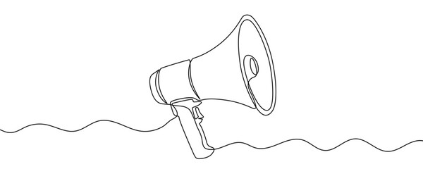 One continuous line of a hand-held megaphone. Line art of a loudspeaker with a wide bell. Drawing in one line style with a black stroke. Vector illustration. © Viktoriia