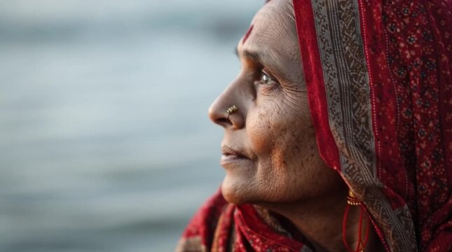 Elderly Woman During Chhath Puja Ritual near River Bank India