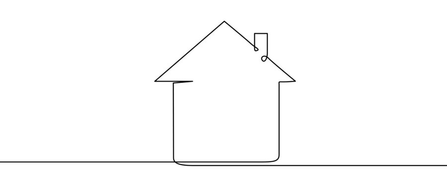 One continuous line of a simple house outline. Minimalist line art of an architectural shape. Drawing in one line style with a black stroke on a white background. Vector illustration.
