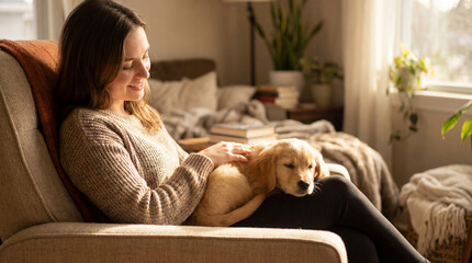 Woman cuddles puppy in cozy bedroom. Soft morning light, puppy resting on lap, gentle puppy care for pet adoption campaign, National Puppy Day promo, calm home lifestyle, comfort concept