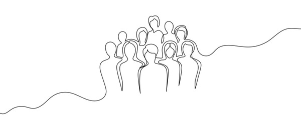 One continuous line forming the silhouettes of a group of people. Line art depicting a crowd or a team. Drawing in one line style with a black outline on a white background. Vector illustration. © Viktoriia