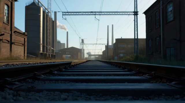 Railway tracks in industrial setting, urban landscape, factory buildings, early morning sky, transportation corridors, logistics network, intermodal transportation, freight transport
