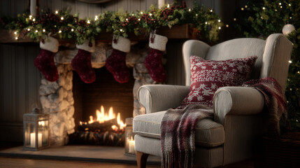 Naklejka premium Festive Christmas scene with a decorated fireplace.