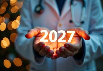 Merry Christmas from doctor, hands with "2027" on blurred light and tree, selective focus