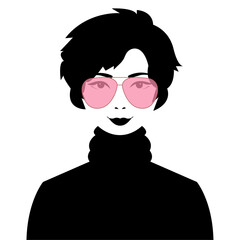 A vector illustration of a woman in pink sunglasses. A female wearing pink glasses portrait. Illusion and positive attitude concept.