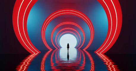 Futuristic abstract corridor with bold red and blue tones. Ideal for modern branding and creative campaigns.Suitable for technology and innovation visuals.