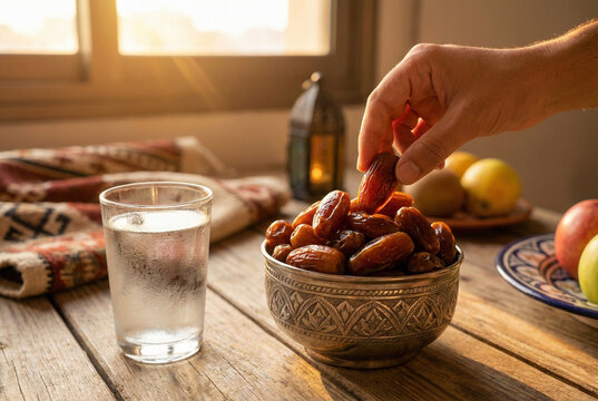 Dates Fruit and glass of water. Sunnah food for breaking fast (Iftar) in Ramadan. Generative AI.