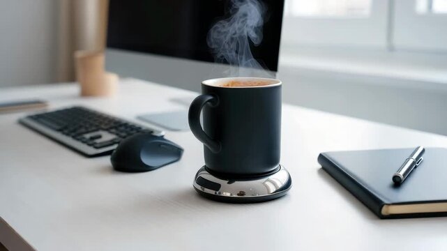 Black ceramic mug on a steel heated coaster, steaming hot beverage for desk use, smart mug warmer for office workspace, winter desk setup, morning productivity routine with warm beverage