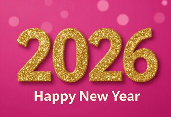 Happy New Year 2026 gold glitter typography on elegant magenta bokeh background, luxury festive design for greeting cards, banners, invitations, celebrations, marketing, and holiday promotions.