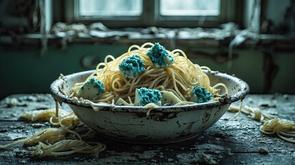 Documentary macro photo of spoiled spaghetti and moldy cheese in a dirty bowl on an abandoned table