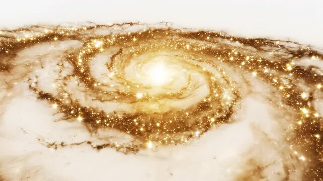 Golden galaxy spiral of twinkling stars and swirling nebulous clouds against a white backdrop