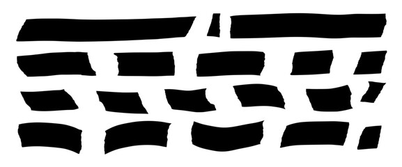 Adhesive paper masking tapes set. Simple washi strips silhouette. Black sticky notes, and scrapbook elements for crafting, journaling, and creative projects. Vector note tags isolated set no bg.