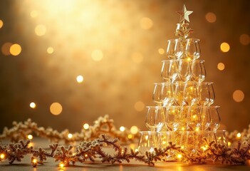 Christmas tree made of many wine glass on a gold background with garlands and bokeh, copy space