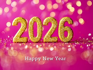 Happy New Year 2026 gold glitter typography on elegant magenta bokeh background, luxury festive design for greeting cards, banners, invitations, celebrations, marketing, and holiday promotions.
