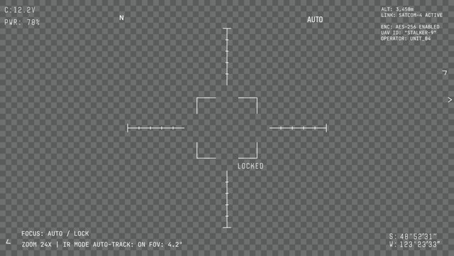 War drone camera viewfinder overlay. Template for military spy drone cam. Camera frame vector. White lines Ui on transparent background. Realistic stealth drone UI frame for games video, photo.