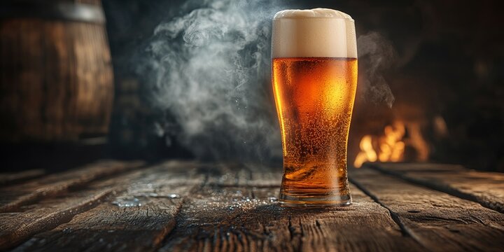 Tall frosted amber beer with a thick foam head in a dimly lit tavern during a festive party.