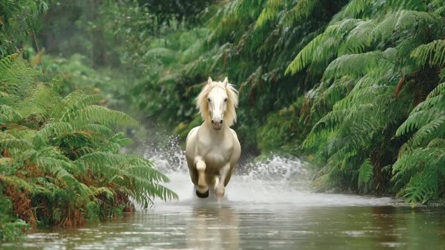 White horse runs through shallow water in a lush green forest, splashing water everywhere