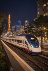 Fototapeta premium High-speed train at night with motion blur and bokeh city lights