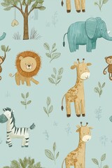 Fototapeta premium Cute cartoon jungle animals seamless pattern. Safari animals pattern with giraffes, elephants, and lions on a light blue background