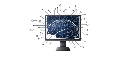 A computer monitor displaying a blue brain on an isolated transparent background