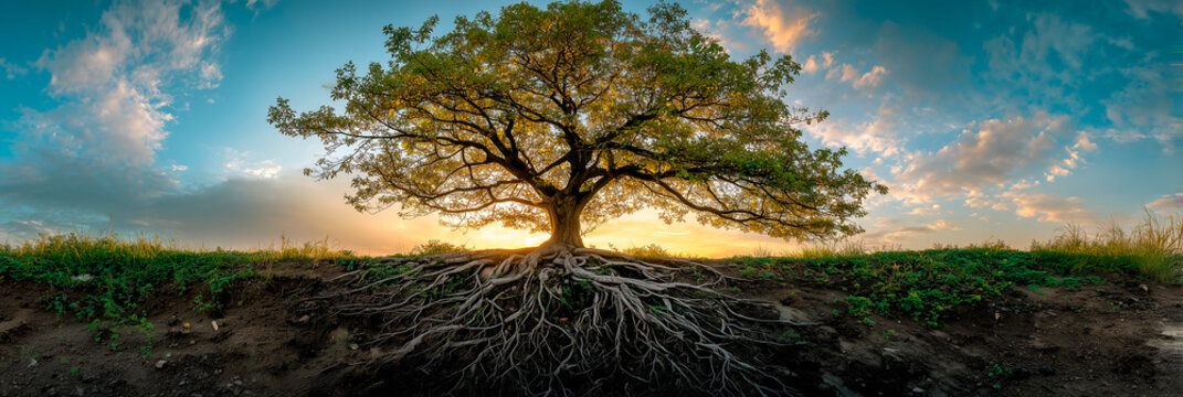 Large tree with strong roots exposed above ground. Golden sunset sky with clouds provides warm light. Lush green leaves on branches spread wide. Ground shows dark soil - Powered by Adobe