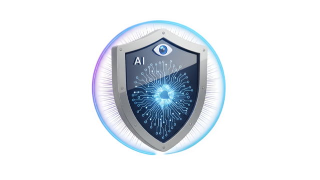 Glowing blue shield with ai logo isolated on transparent background - Powered by Adobe