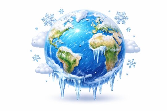 Frozen Earth globe with icicles and snowflakes, symbolizing cold weather or climate change.