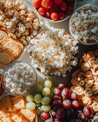 Top view culinary treat cozy snack spread of popcorn grapes and crackers
