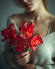 Woman holding red flowers indoor setting portrait photography soft light