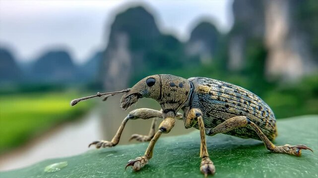 A macro shot of a weevil with detailed patterns, perched on a green leaf, with a blurred backdrop