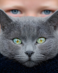 Cat and boy gaze together urban setting portrait photography intimate moment