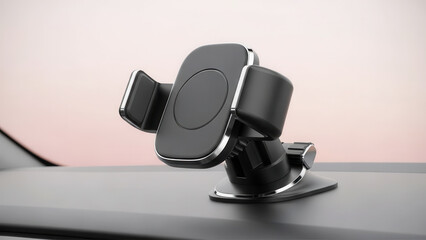 Premium magnetic car phone mount with stable hold, sleek aesthetics, perfect dashboard placement, soft pink background.