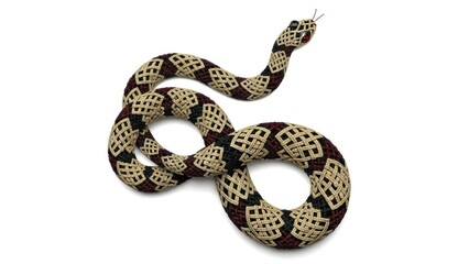 Obraz premium A colorful, intricately patterned snake coiled around itself, with a white background and a subtle shadow effect.