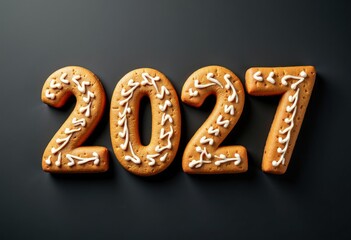 Text 2027 from gingerbread cookie on black background