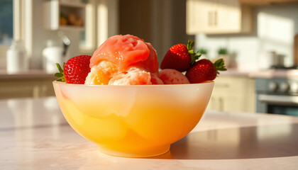 Delicious fruit salad and scoops of ice cream with fresh strawberries served in a white bowl as a healthy summer dessert isolated on a juicy organic background