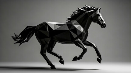 Obraz premium Dynamic Low-Poly Galloping Stallion in Black and Gray, Ultra-Detailed Polygonal Horse with Sharp Edges, Shadows, Cinematic Depth, Symbolizing Freedom and Power