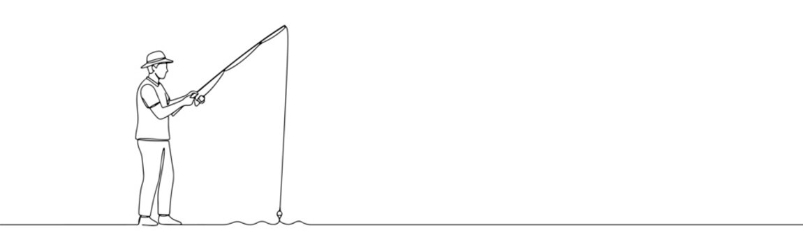 Continuous line drawing of a fisherman with a fishing rod, symbolizing leisure, outdoor activity, and patience