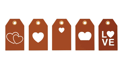 A series of brown tags displaying white heart designs and the word love arranged in a row