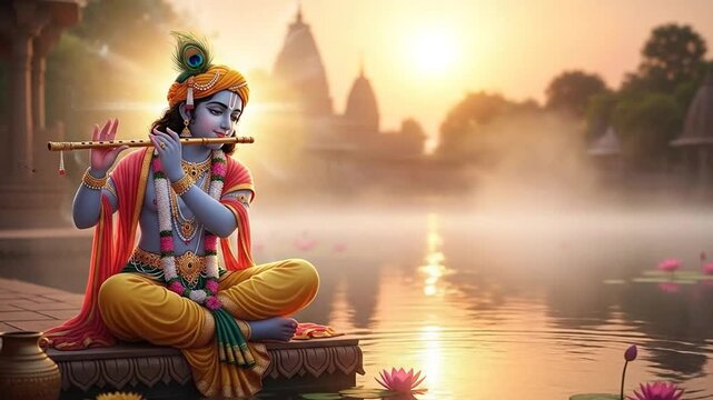 Krishna Playing Bansuri Flute by Serene Pond in Golden Hour