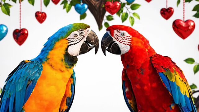 Two colorful parrots in love, sitting on a branch with heart decorations.
