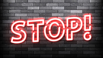Vector neon sign of Stop text isolated on wall background.