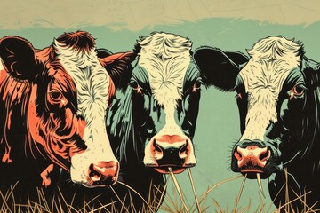 Fototapeta premium Group of cows at cowshed eating hay or fodder on dairy farm in the style of graphic novel livestock cartoon mammal.