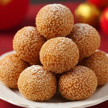 Traditional Golden Fried Sesame Balls (Jian Dui) Dusted with Sugar on a Plate