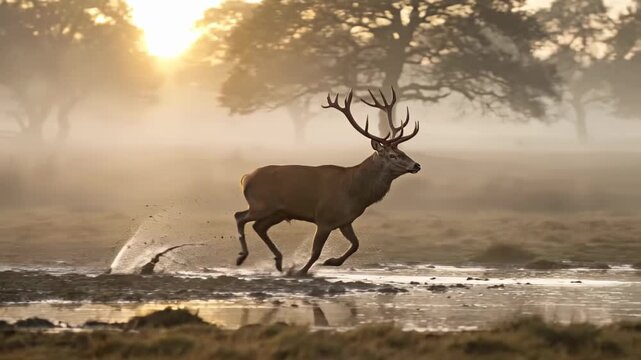 Red deer stag running through misty wetlands during a golden sunrise with water splashing and silhouette trees in the background